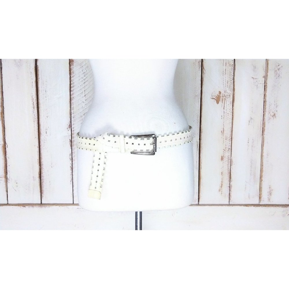 White ivory distressed faux leather cut out belt